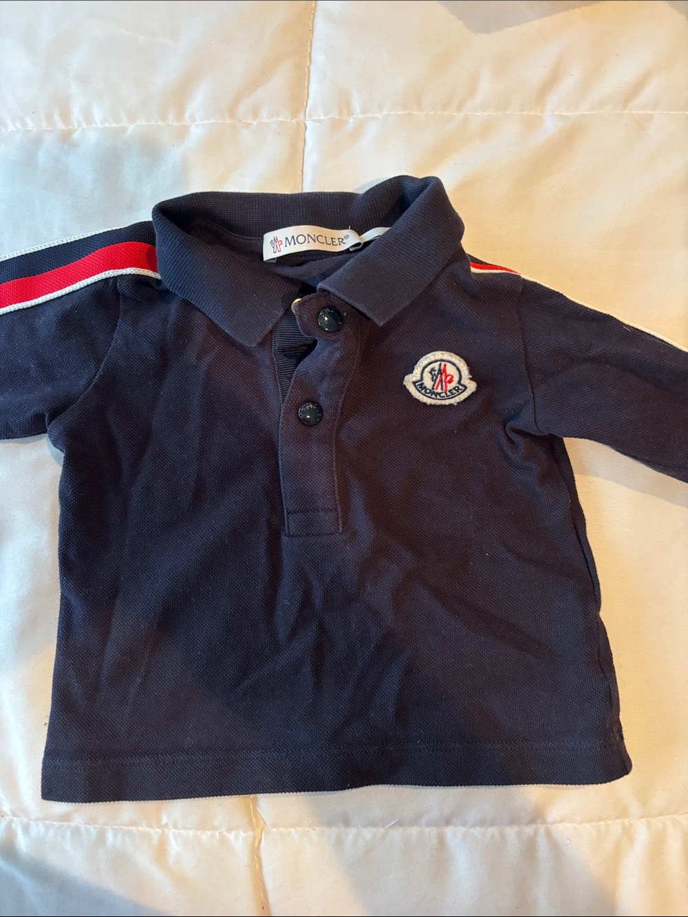 Moncler Navy Polo with Red & White Shoulder Stripes